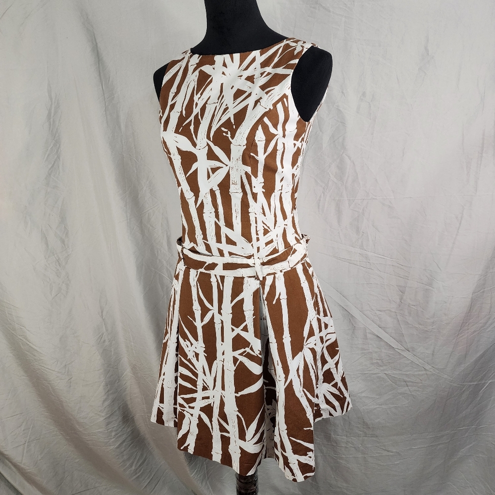 J. MCLAUGHLIN Size 4 Brown Cotton Bamboo Drop Waist Pleated Belted Fit & Flare